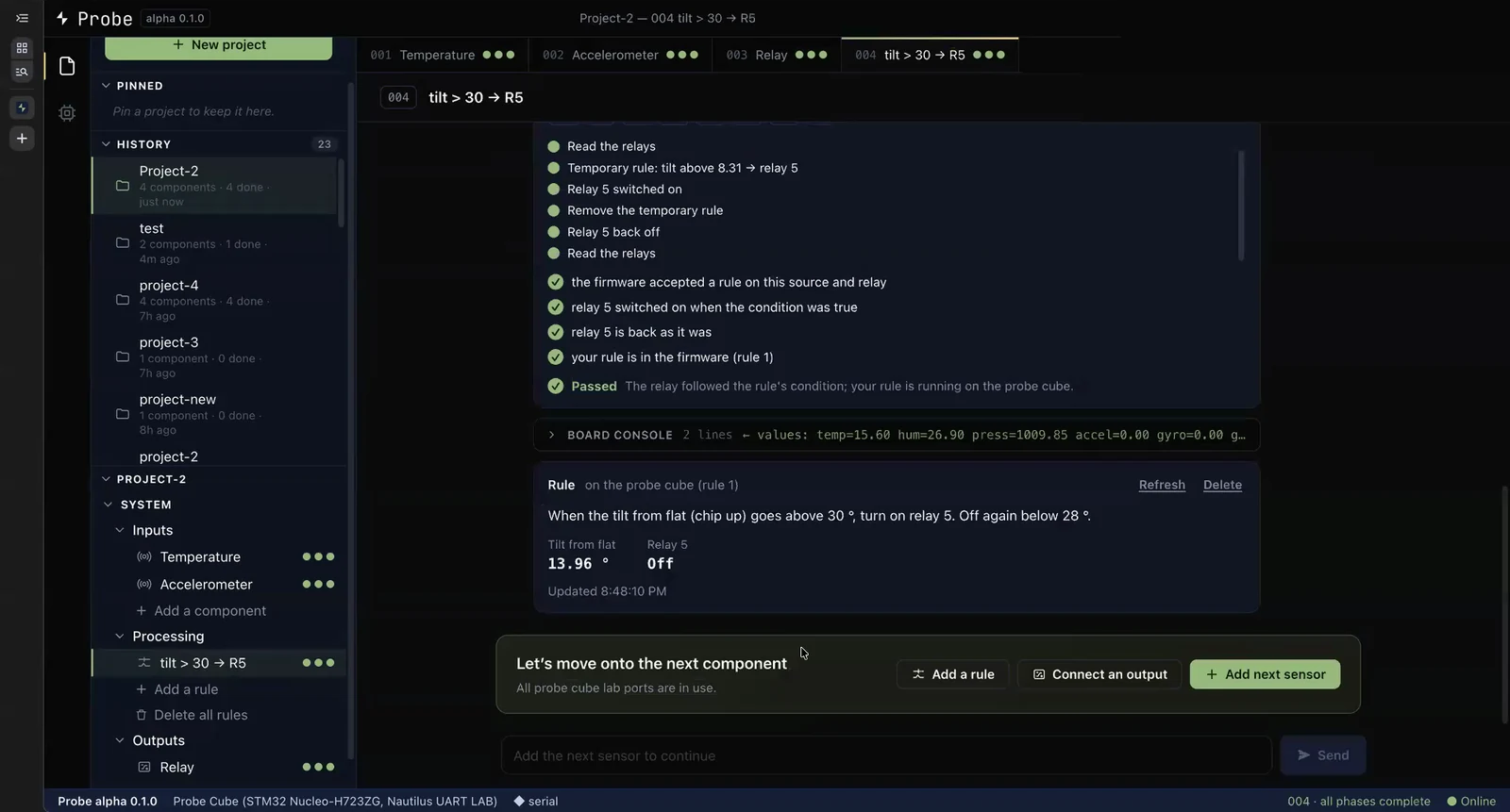 The Probe app with a project containing a temperature sensor, an accelerometer, a relay board and a tilt rule, showing the rule's passed test and live status
