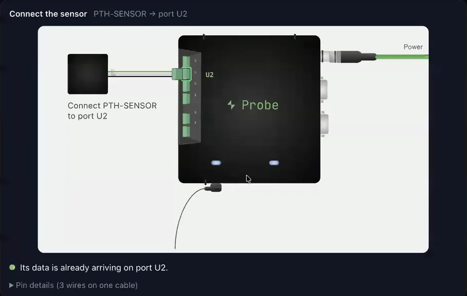 Connection card: a drawing of the Probe enclosure with the sensor cable going into port U2, and a note that its data is already arriving